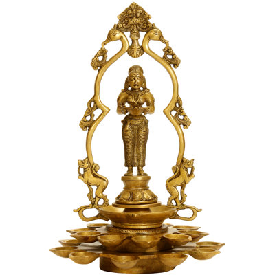 13" Brass Deepalakshmi Statue | Handmade Indian Oil Lamp Lady with Peacock Arch | Traditional "Welcome" Idol for Entryway & Diwali Decor
