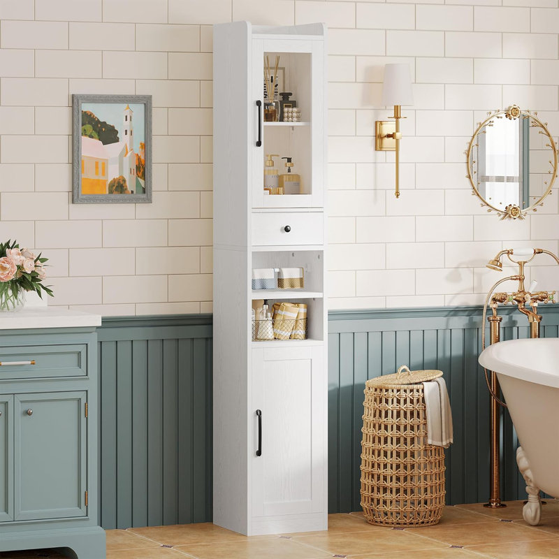 Tall Bathroom Cabinet with Drawer and Door, 71" H Slim Freestanding Narrow Storage Cabinet with Adjustable Shelves, Retractable Toilet Paper Rod, for Small Spaces, 11.8" W White