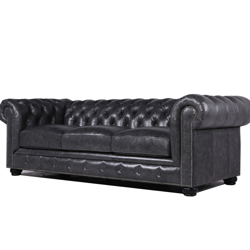 Cuir 3 gris avec garniture cloutée accrocheuse - et support de pieds en bois massif avant confortable