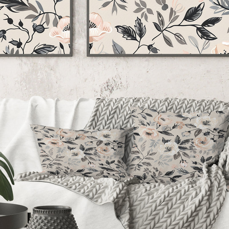 Motif de fleurs de paradis noir et blanc - coussin Boho, H 16 po x l 16 po, Carrée