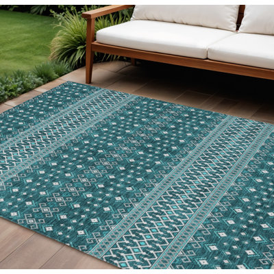 Tapis intérieur / extérieur 8 pi x 10 pi bleu sarcelle lavable turquoise et ivoire Tribal