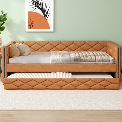 Full XL Upholstered Daybed with Trundle and LED Lights, PU Leather Sofa Bed with Storage, No Box Spring Needed, for Living Room, Guest Room, Dorm