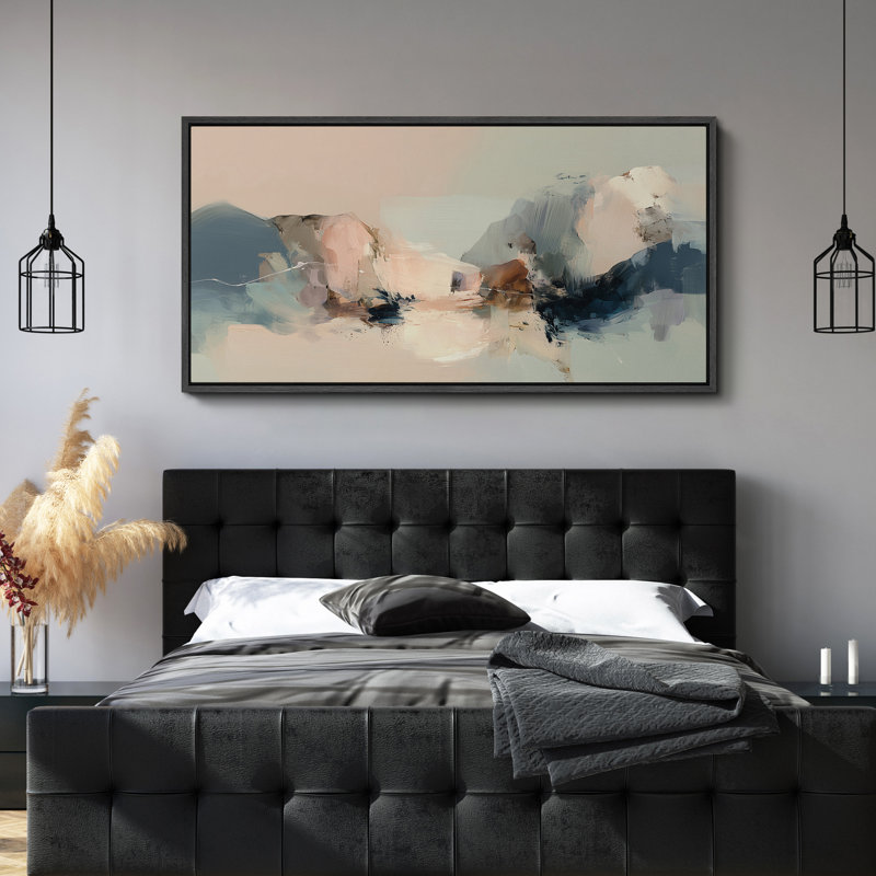 Doux nuages abstraits dans des tons de rosé et bleus neutres - grand art mural sur toile encadrée, Noir