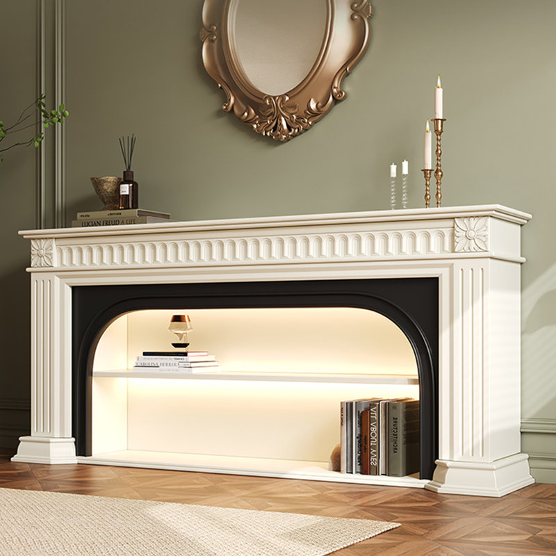 Foyer en bois massif beige et noir, H 29,53 po x l 86,61 po x P 13,78 po