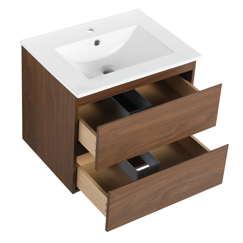Meuble-lavabo mural moderne 24 po avec lavabo en céramique et 2 tiroirs à fermeture en douceur, Blanc