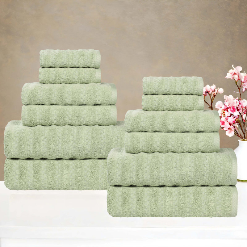 Zuma Zero Twist Cotton Medium Weight Soft Absorbent 12 Piece Towel Set, Green