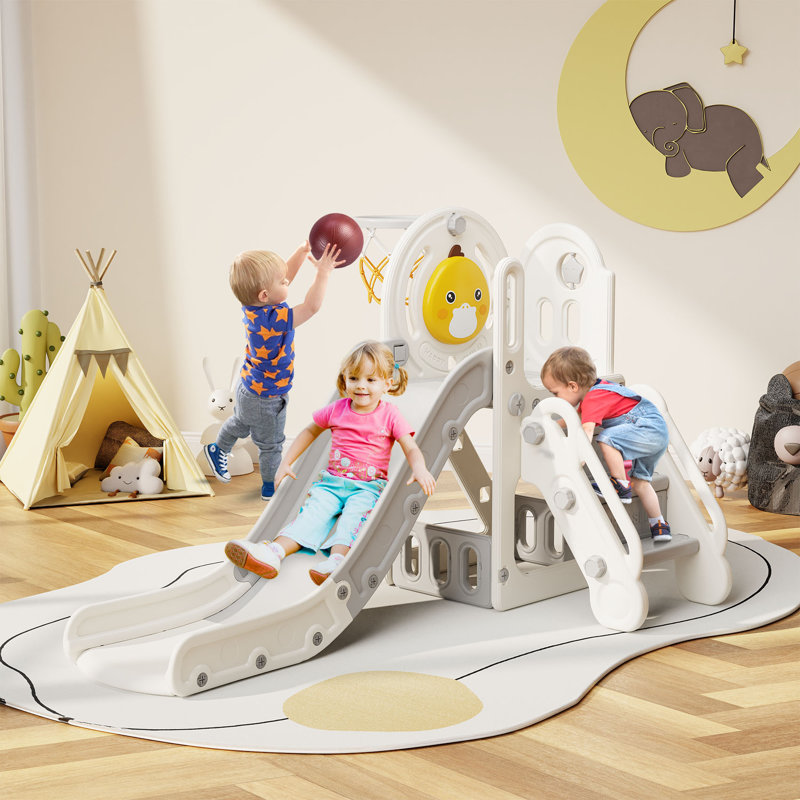 Gray and White 5-in-1 Toddler Slide with Basketball Hoop