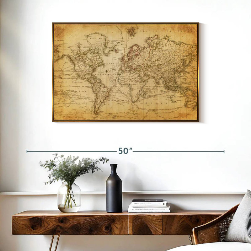 Carte du monde de l'Ancien siècle, 37 po x 25 po, Cadre flottant doré