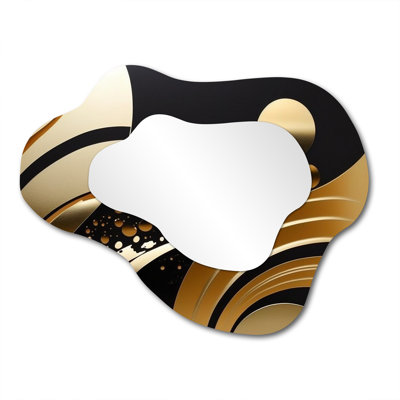 Verdale Golden Circular Universe IV - Geometric Cloud Unique Mirror, Black Asymmetrical Large Wall Mirror, Printed Metal Art
