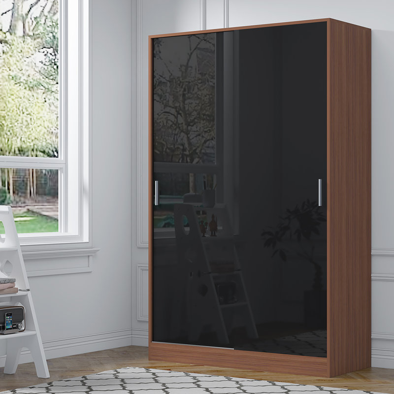 Eva XL High Gloss 2 Door Sliding Wardrobe - H: 180cm x D: 58cm x W: 120cm, Walnut/Gloss Black