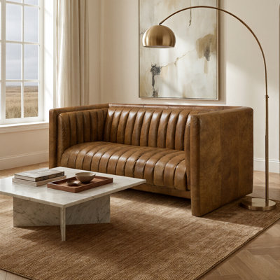 Broderic 65"W Full-Grain Genuine Italian Leather Upholstered Channel Tufted Loveseat Sofa 