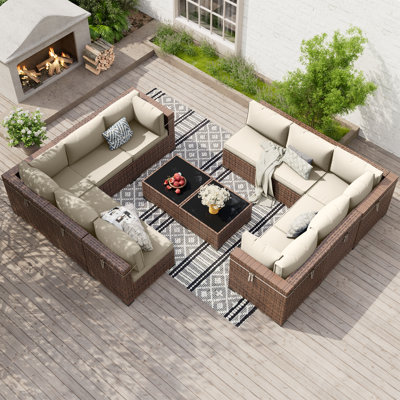 Ensemble modulaire de conversation modulaire en rotin pour 10 personnes avec 2 tables basses, 4 canapés d'angle et 6 canapés simples