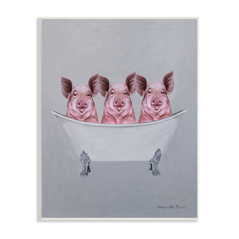 Adorable illustration de trois cochons roses dans une baignoire par Coco de Paris - Peinture, H 14 po x l 11 po x P 1,5 po