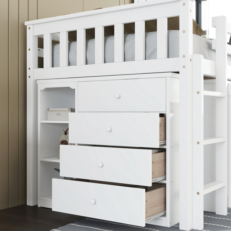Lit mezzanine simple avec extérieur blanc et espace de rangement - Armoire, tiroir, tablette, coffre-fort de bureau escamotable multifonctionnel