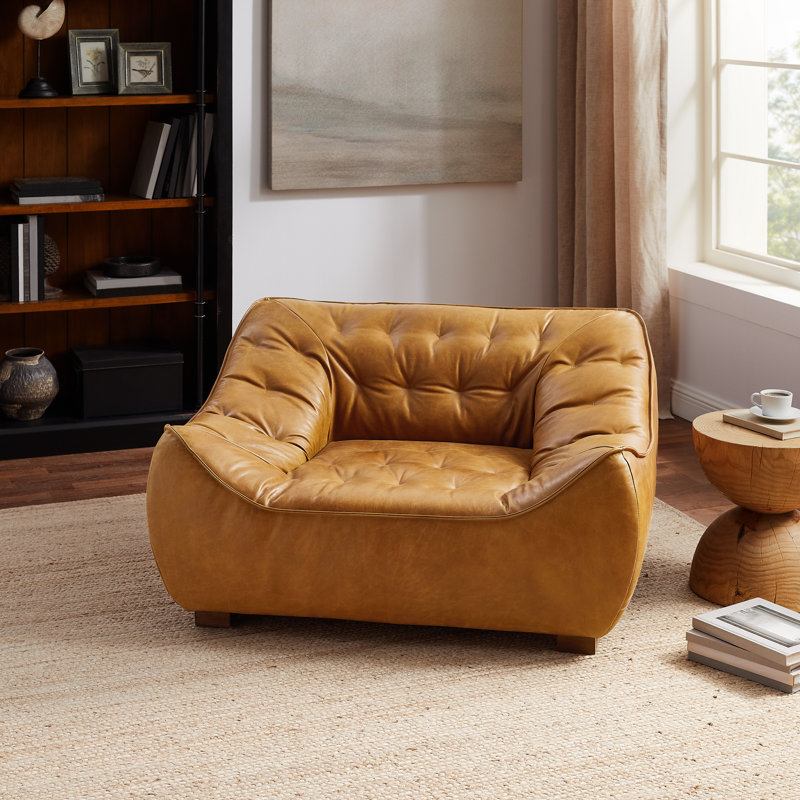 47'' Wide Tufted Full-Grain Genuine Leather 1-Seater Accent Chair Sofa, Brown