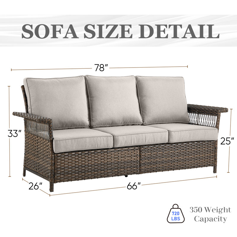 Tapash 78'' Wicker Outdoor Patio 3-Seat Rattan Sofa with Comfortable Cushions - Weatherproof Wicker Couch for Patio, Garden, Backyard Porch