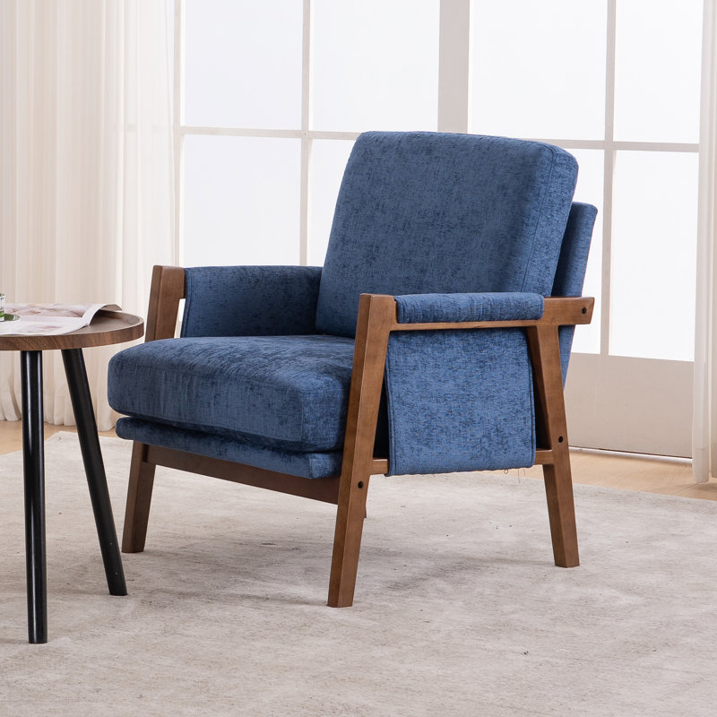 Quinze Mid Century Modern Upholstered Chenille Solid Wood Accent Armchair, Navy