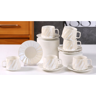 Ensemble de 6 tasses à café 3,4 oz et 6 soucoupes, ensemble de vaisselle en céramique 100 ml à tasse à espresso, convient pour le café et le thé dans les restaurants et à la maison, beige