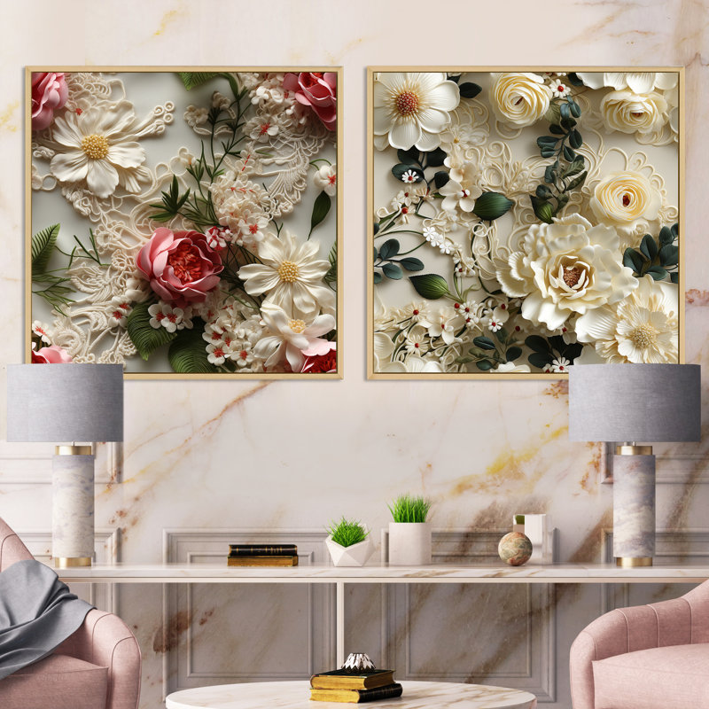 Ashington - Ensemble de 2 collages carrés floraux, Cadre flottant brun, H 30 po x l 61 po
