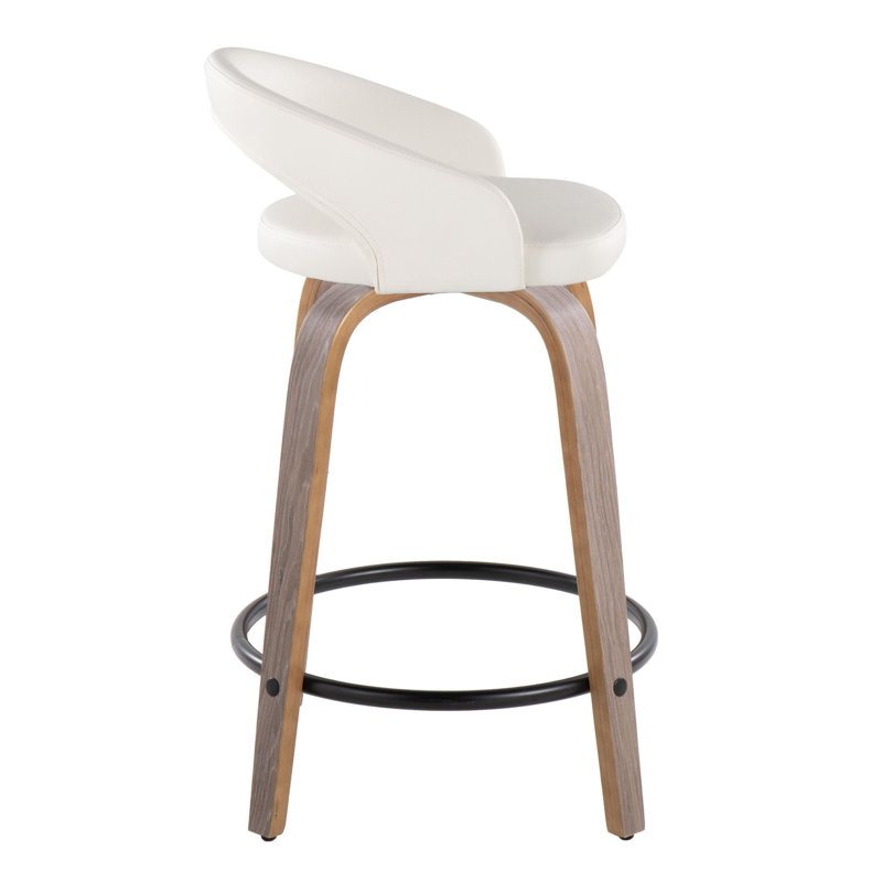 Eastwood Upholstered Fixed-Height Stool With Bent Wood Legs & Round Footrest - Set Of 2, Light Gray/Black, White Faux Leather