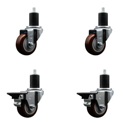 3 Inch Maroon Poly Wheel Swivel 1-3/4 Inch Expanding Stem Caster Set 2 Brakes SCC