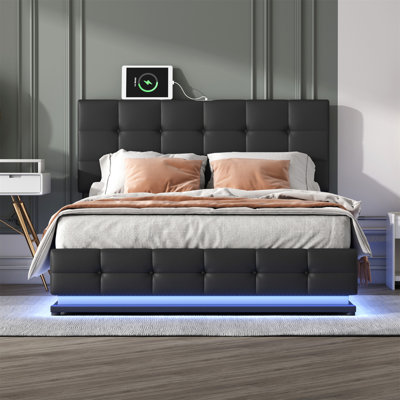 Tufted Upholstered Platform Bed With Hydraulic Storage System,Queen Size PU Storage Bed With LED Lights And USB Charger -  STYLISH, OKKK612-HL000029AAB