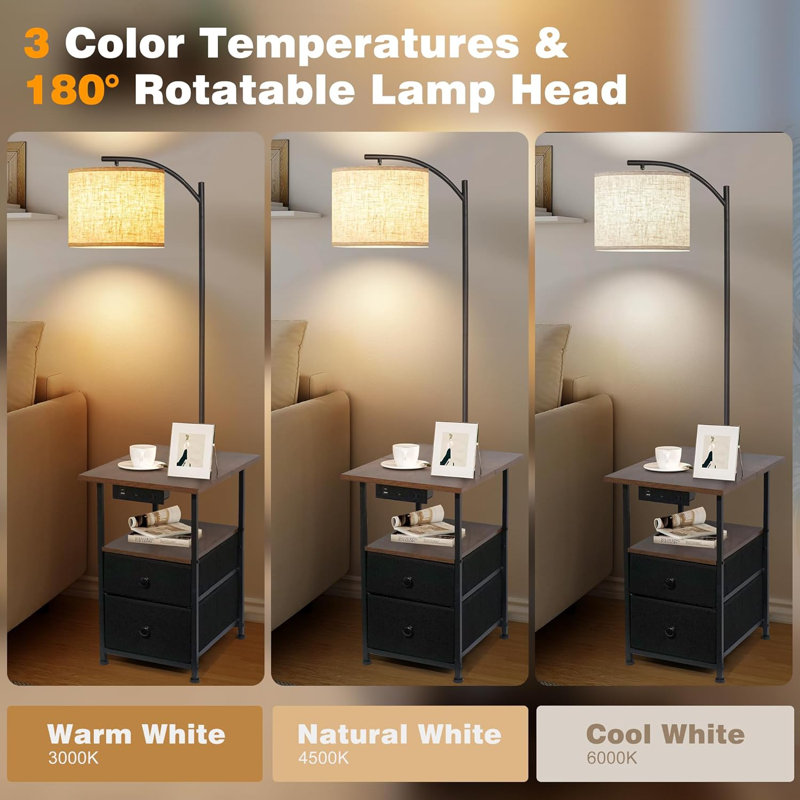 Floor Lamp With Table & 2 Drawers End Table With 3 Colour Temperature Reading Light Side Table Lamp With USB & Type C & AC Charging Port