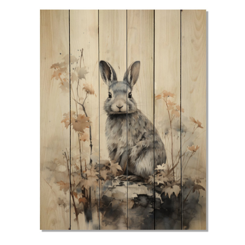 Asian Art Rabbit Sumi III - reproduction asiatique sur bois de pin naturel, H 40 po x l 30 po x P 0,78 po