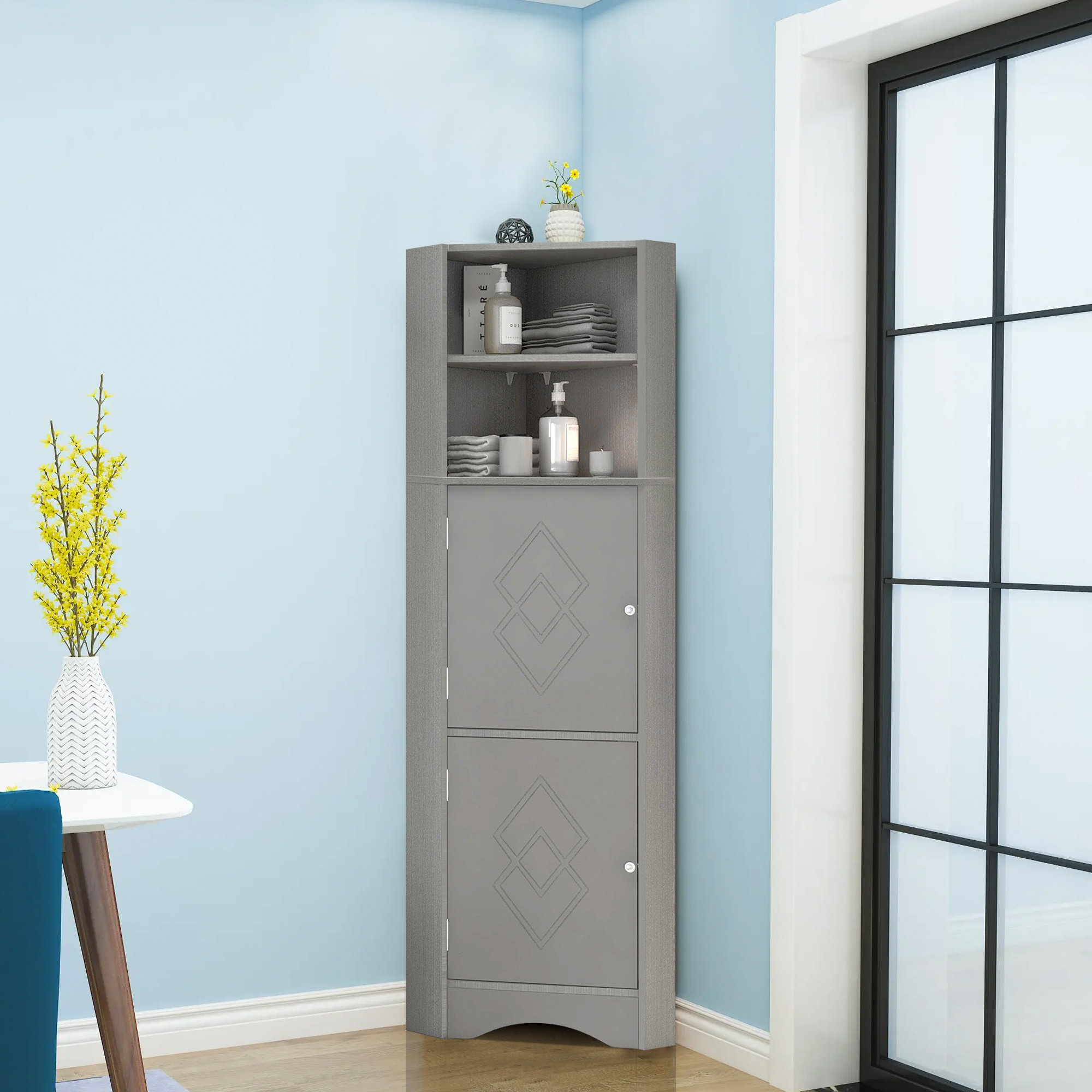 Red Barrel Studio MDF Board Freestanding Tall Bathroom Corner Cabinet With Doors And Adjustable ...