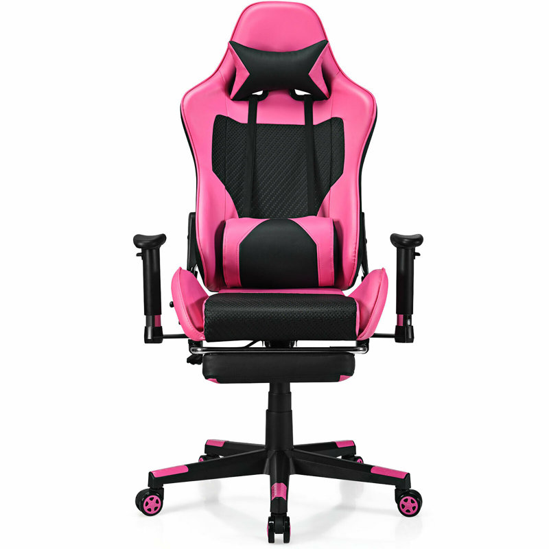 Latitude Run® Adjustable Faux Leather Swiveling Gaming Chair Game Chair with Footrest in Pink