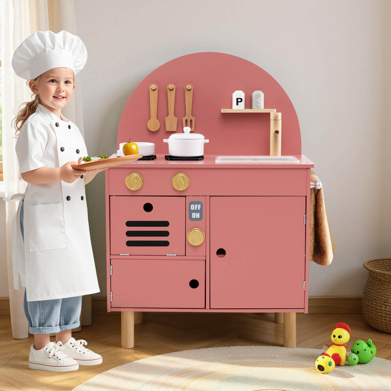 Play Kitchen for Kids with Stoves Faucet Sink Microwave Oven Cooking Accessories Pink, Pink