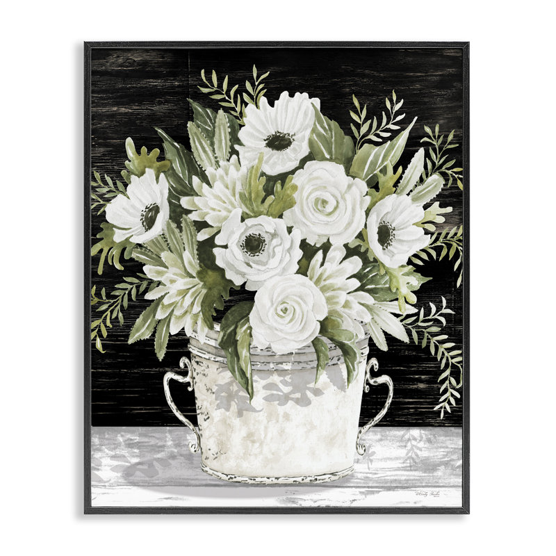 Art de giclée de fleurs blanches sur fond blanc par Cindy Jacobs, Giclée encadrée noir minuit, H 20 po x l 16 po