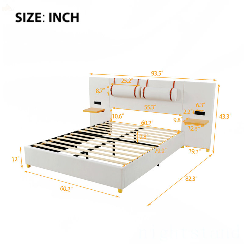 Queen Upholstered Platform Bed, Beige