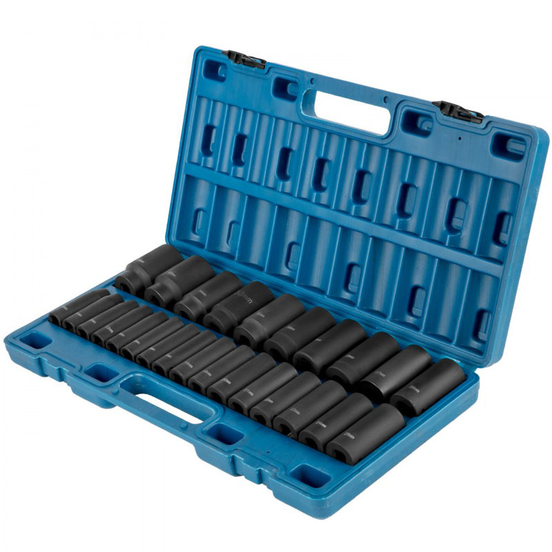 Ensemble de douilles à chocs 1/2 po 26 pièces, douilles profondes, douilles à 6 pans, fabrication robuste, Cr-V, douilles de 1/2 po à impact métrique 10 à 36 mm, avec cage de rangement
