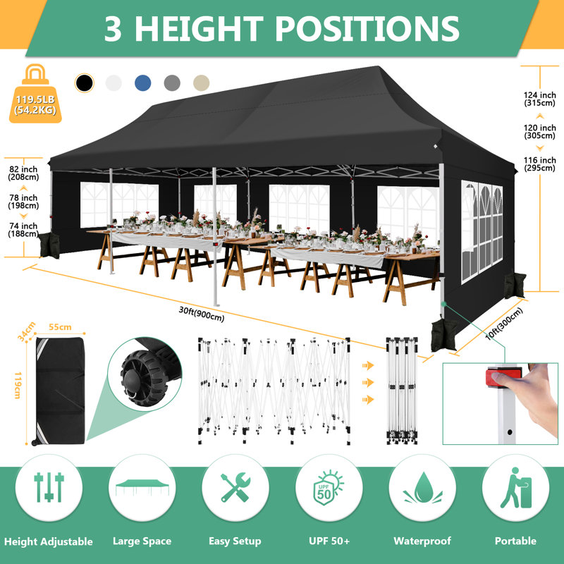10x30 Pop up Canopy with 5 Sidewalls, Canopy Tent for Parties, Wedding, and Commercials, Black