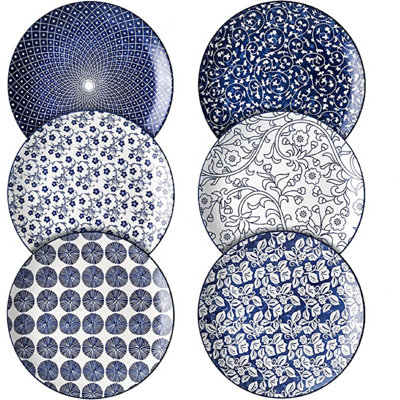 Assiettes à dîner en porcelaine 8 pouces, grande assiette de service pour salade, crêpes, steak, ensemble de 6, bleu rétro