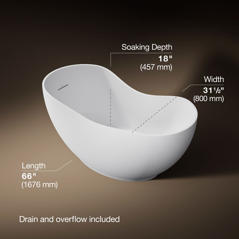 Abrazo® 66-in X 32-in Freestanding Bath with Center Toe-Tap Drain, Honed White