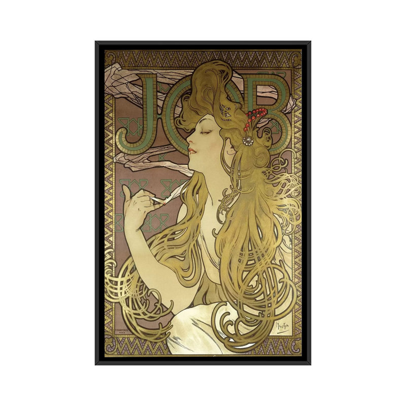 " JOB Rolling Papers Advertisement, 1896 " by Alphonse Mucha, 26" H x 18" W x 1.5" D, No Mat, Black Framed Canvas
