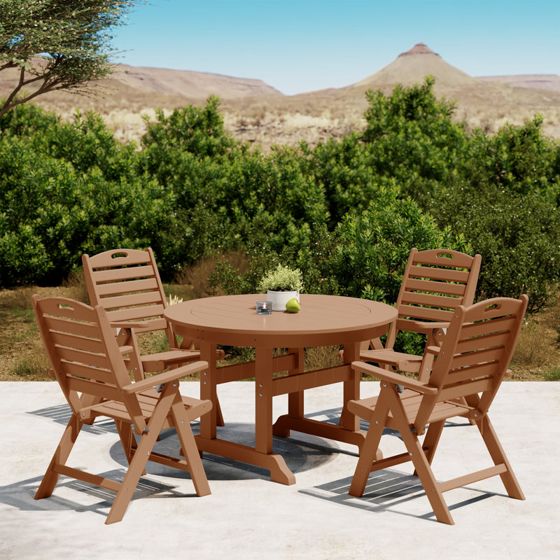 Laguna 5-Piece Round Table Folding Highback Chair Dining Set, Teak