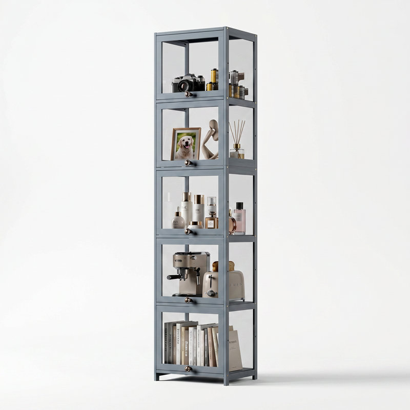 Modern 5-Tier Shelf Display Cabinet Curio Cabinet With Acrylic Flip-Up Door And Metal Handle, Floor Standing Organizer For Home Office And Living Spaces