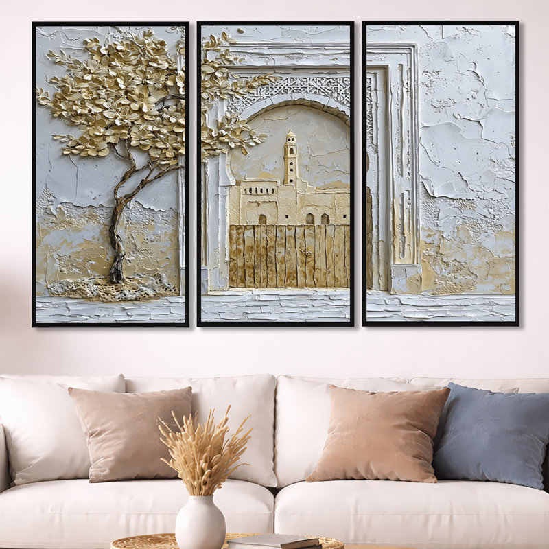 Maroc, médina d'or de Fès - ensemble d'art mural Maroc, H 40 po x l 60 po x P 1 po, Toile avec cadre flottant noir