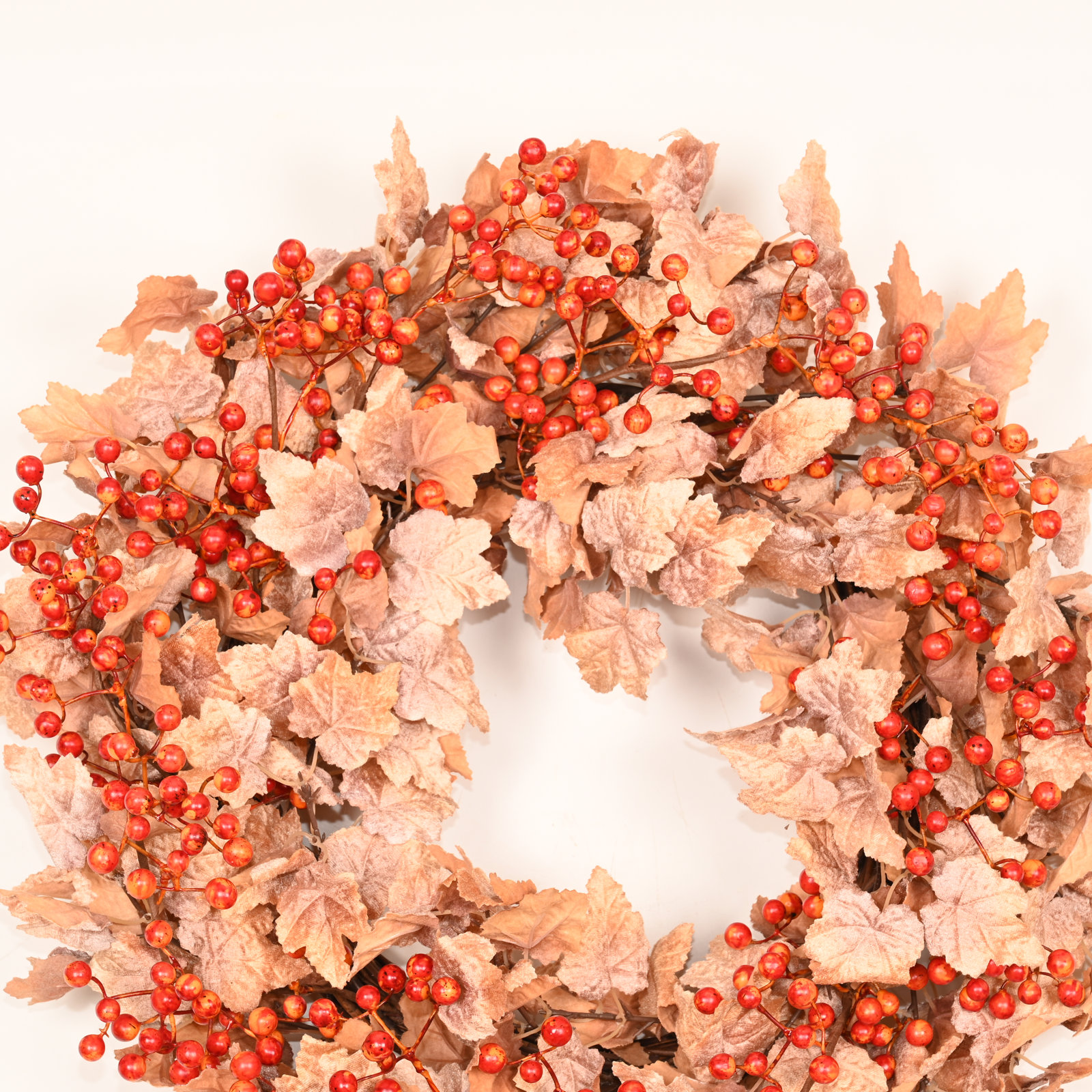 26" Artificial Farmhouse Thanksgiving Day Harvest Blossom Cluster Maple Leaf Berry Fall Wreath For Front Door, Orange/Beige