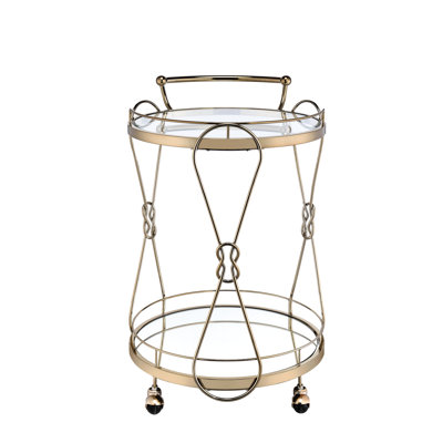 Chariot de service distinctif à champagne, 2 compartiments ouverts pour le rangement, tablette en verre trempé transparent, base en miroir de 5 mm, cadre et poignée en métal, roulettes pratiques pour servir de chariot coloré, forme ronde,
