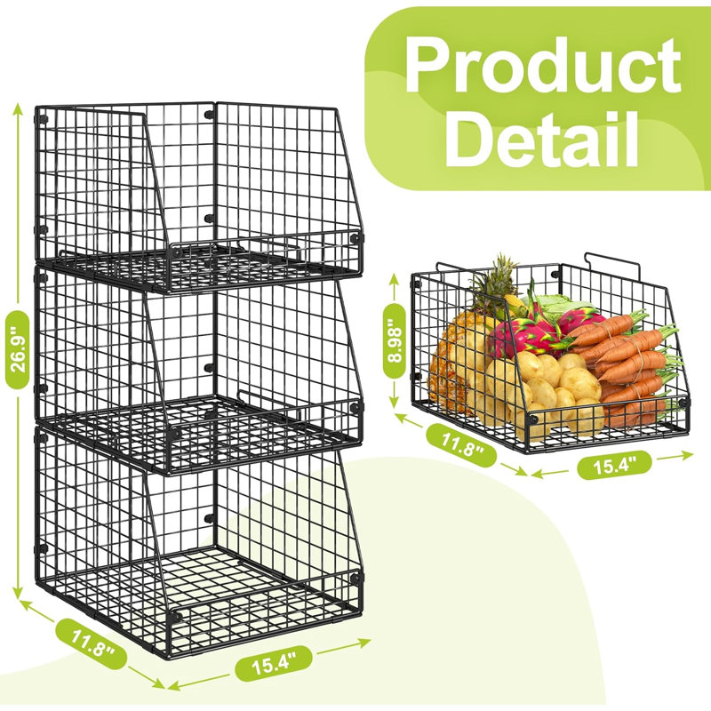 Paquet de 3 paniers grillagés empilables - Grands bacs de rangement XXL pour produits, collations et garde-manger, organisateur pour armoires de cuisine, comptoir et tablette