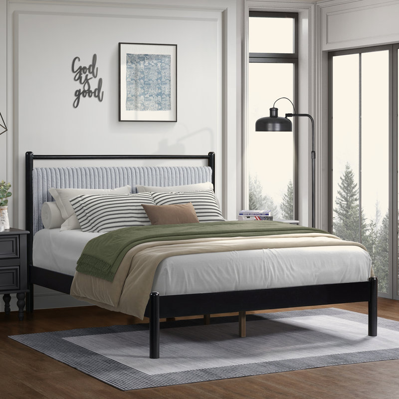 Structure de lit grand en bois avec tête de lit moelleuse, Grand lit