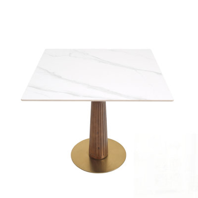 Table de salle à manger moderne en pierre frittée carrée avec pied et base en bois