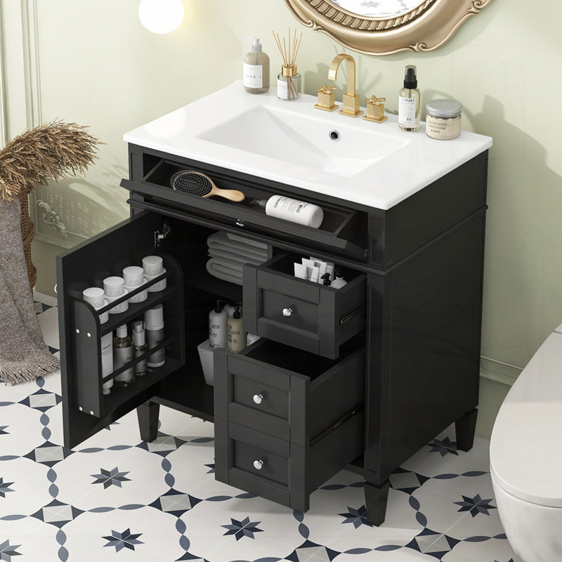 Meuble-lavabo de 30 po avec lavabo supérieur, Noir, Argent argent