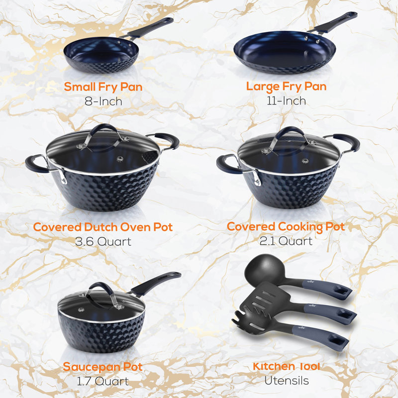 NutriChef 11-Piece Navy Blue Nonstick Aluminum Cookware Set with Utensils