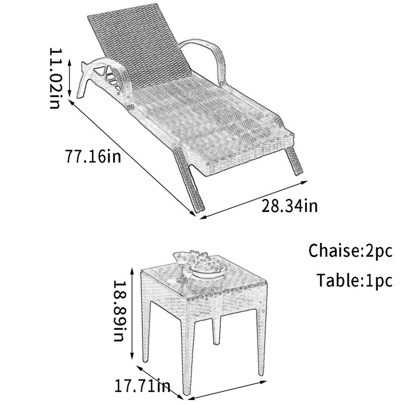 Adjustable Outdoor Recliner Lounge Chair Handwoven Outdoor Wicker Chaise Lounge Set with Table