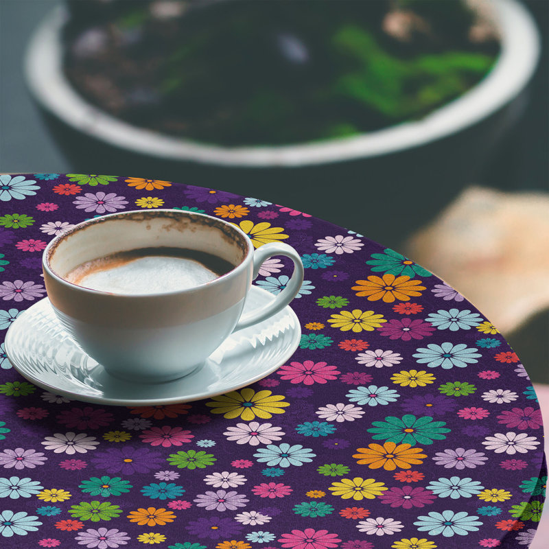 East Urban Home Floral Fitted Round Tablecloth Dark Purple Orange and Rose